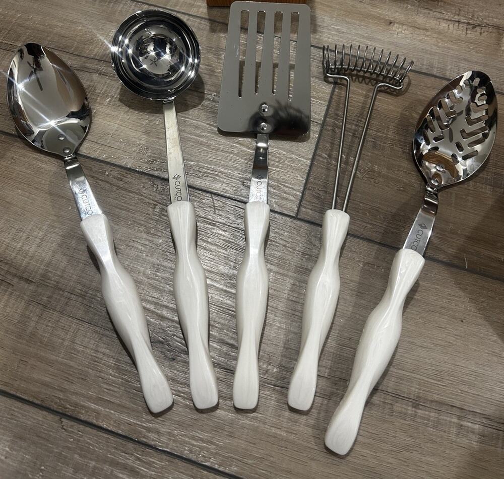 5 White Pearl Handle CUTCO Kitchen Utensils Spatula Ladle Spoons Whisk Lot